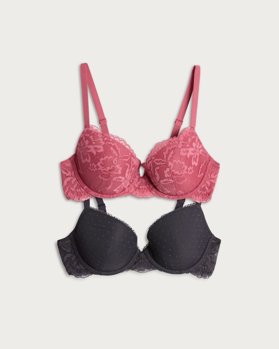 image 1 of F&F 2-Pack Floral Lace and Mesh Plunge Bras in Multi