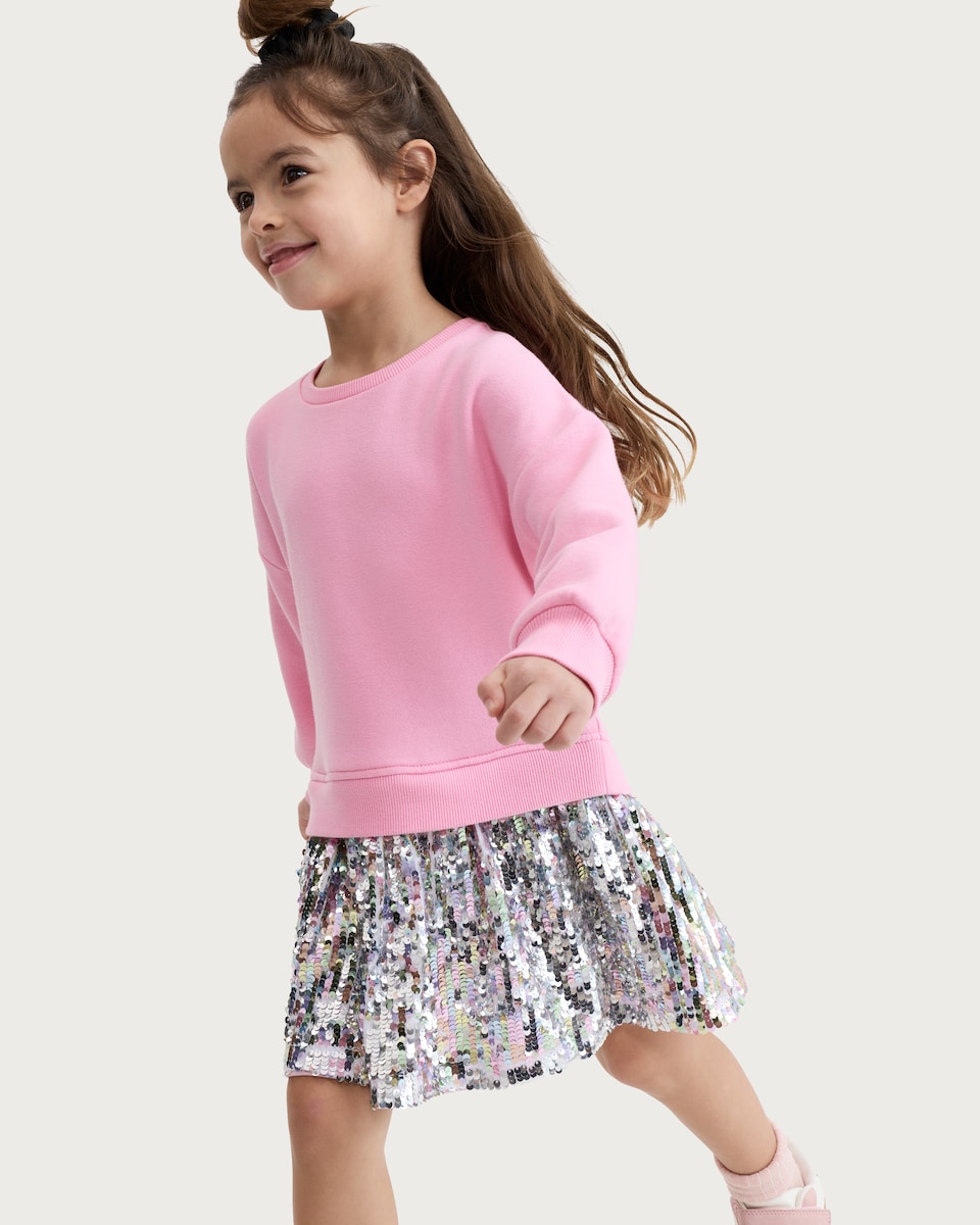 image 1 of F&F Girls Sequin Skirt Sweater Dress in Pink
