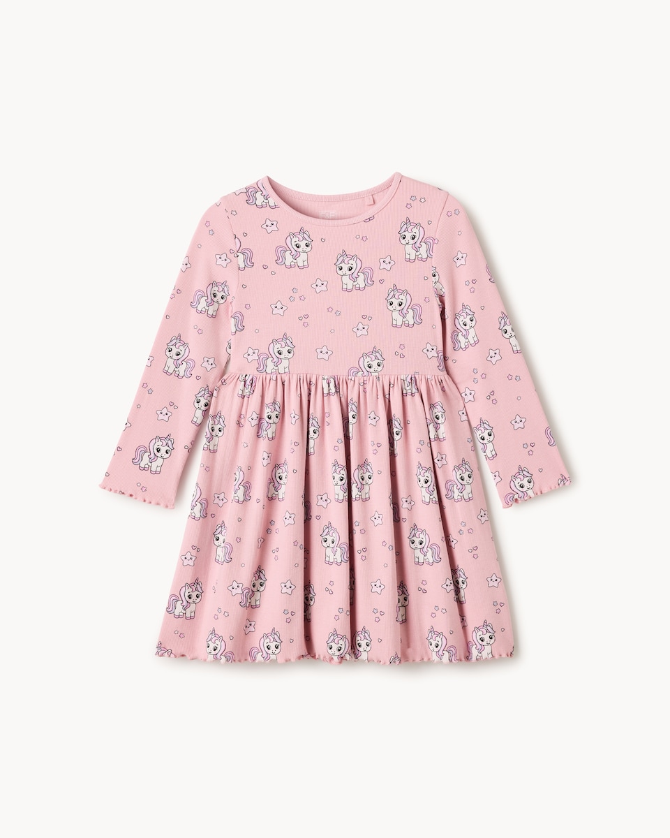 image 1 of F&F Girls Cotton Rich Unicorn Print Dress in Pink