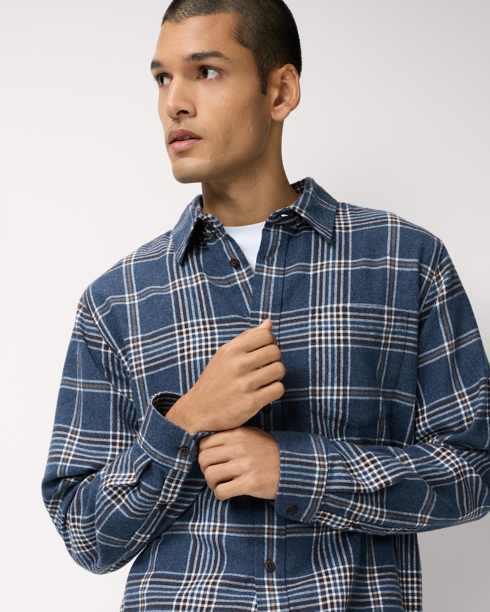 image 1 of F&F Pure Cotton Brushed Checked Shirt in Navy