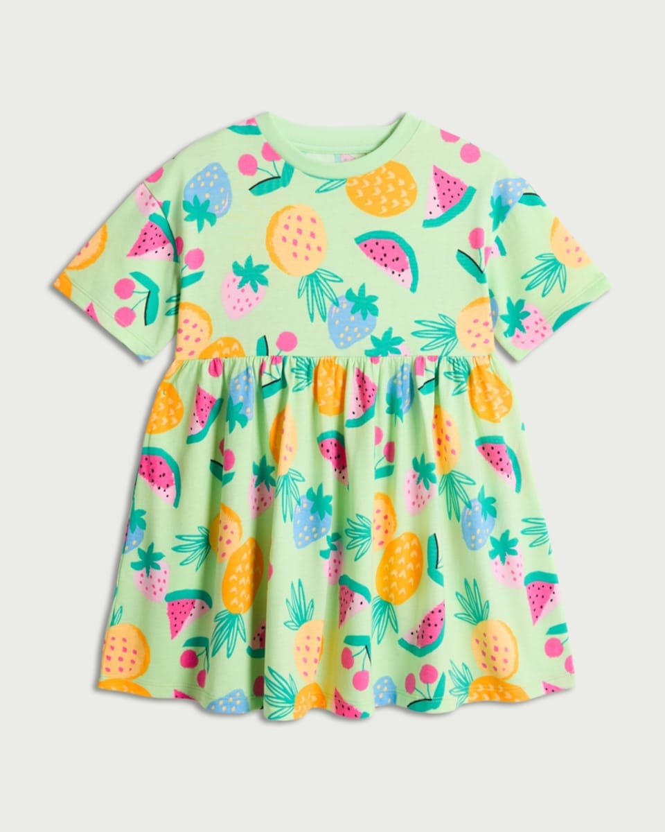 image 1 of F&F Girls Pure Cotton Fruit Print Short Sleeved Dress in Multi Green