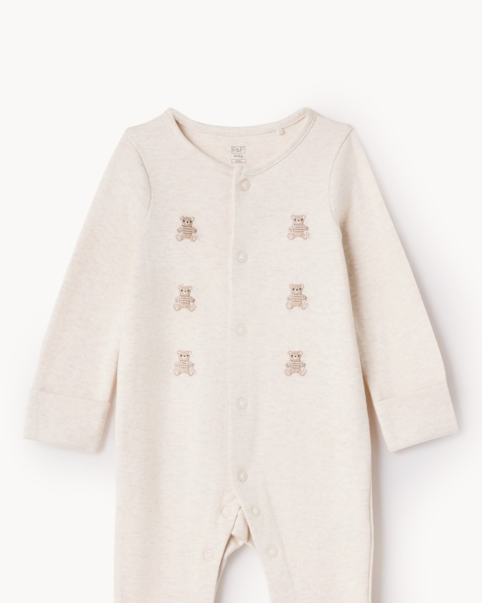 image 1 of F&F Baby 2-Piece Cotton Rich Bear Embroidered Sleepsuit and Hat Set in Neutral