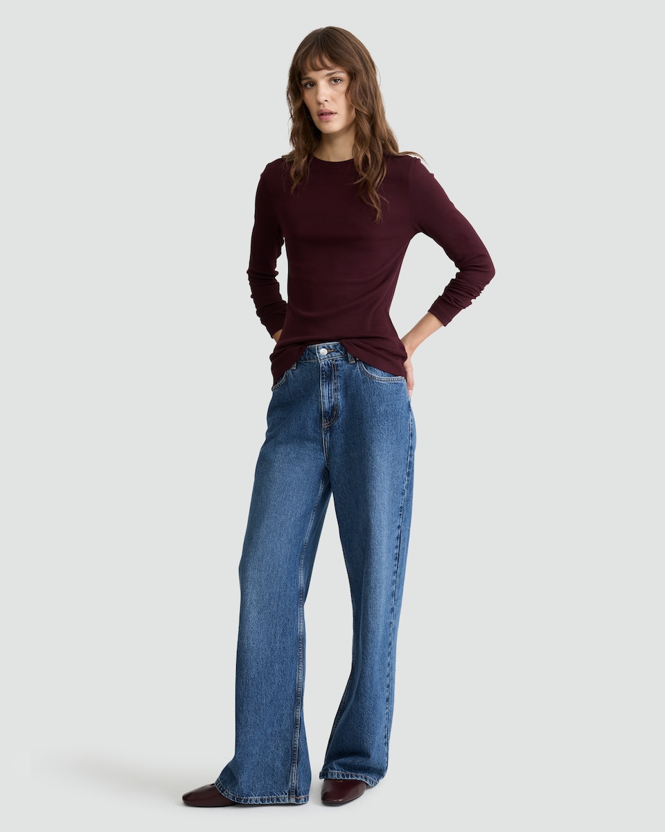 image 1 of F&F Cotton Rich Crew Neck Long Sleeved Top in Burgundy