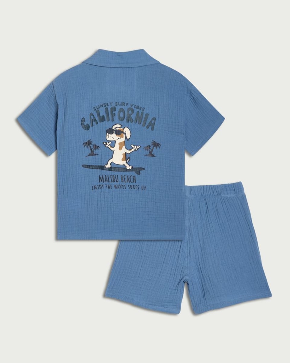 image 1 of F&F Boys 2-Piece Pure Cotton Surf Vibes Shirt and Shorts Pyjama Set in Blue