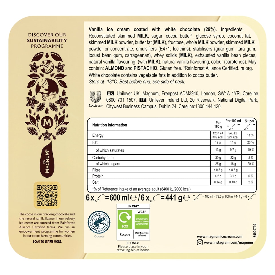 image 1 of Magnum White Chocolate Ice Cream Sticks 6x100ml