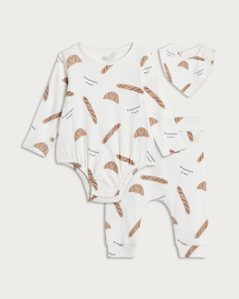 image 1 of F&F Baby 3-Piece Cotton Rich Breakfast Time Bodysuit, Leggings and Bib Set  in White
