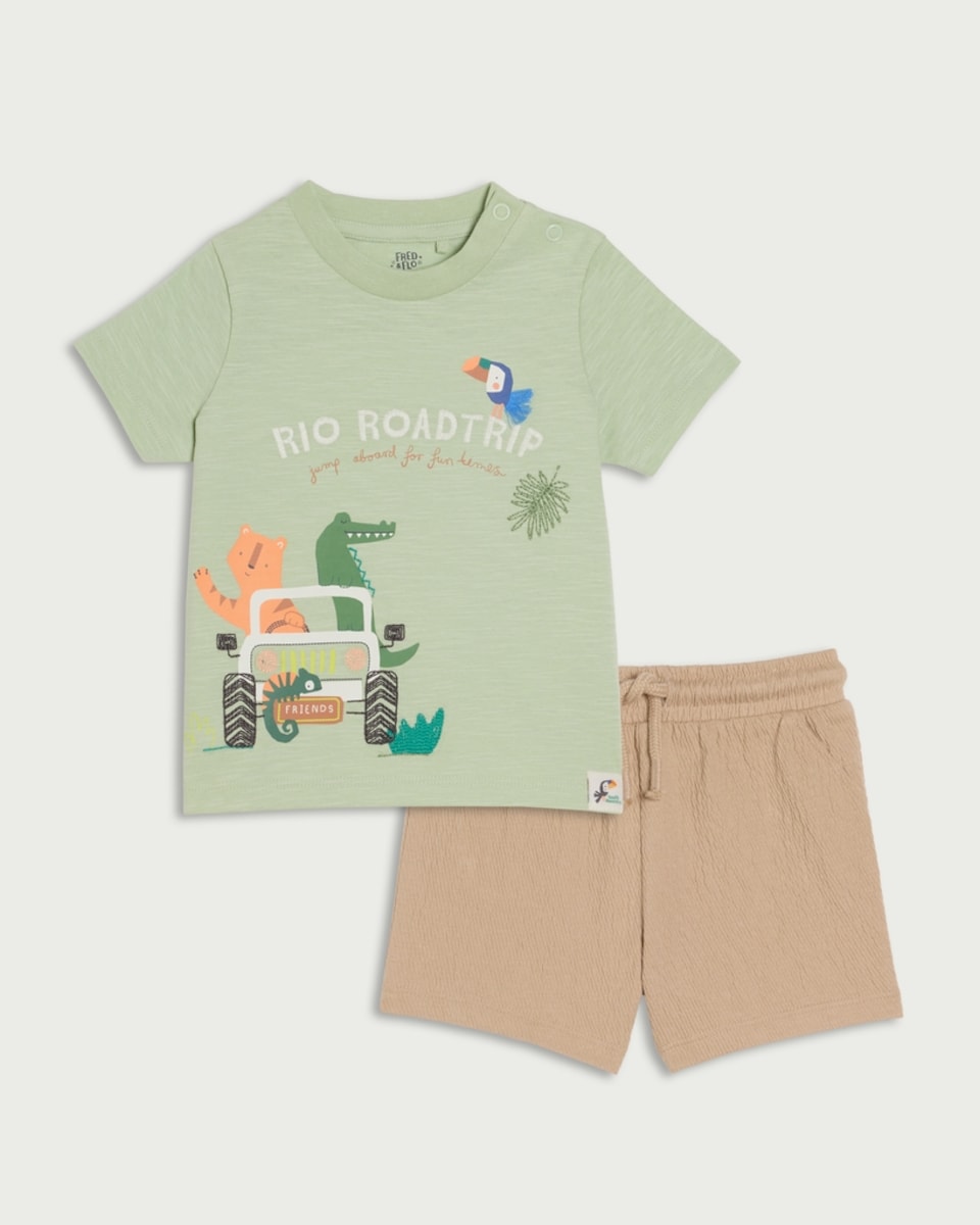 image 1 of F&F Baby 2-Piece Pure Cotton Rio Roadtrip T-Shirt and Shorts Set in Green