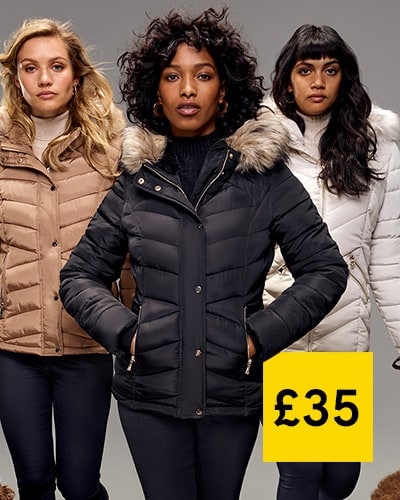 Women's padded jacket in 3 colourways: camel, black, bone white, with fur-lined hood and zipped pockets