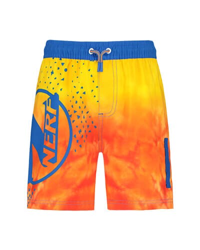 Tie-dye orange and yellow long swim shorts with blue waist band, blue and orange waist tie and blue Nerf logo on the leg