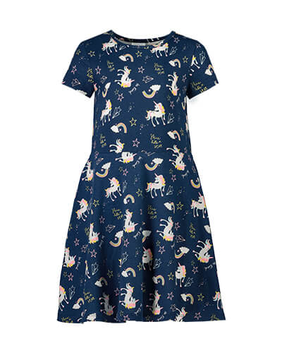 One short sleeve, knee-length slate blue dress with pink and white unicorns, rainbows and stars