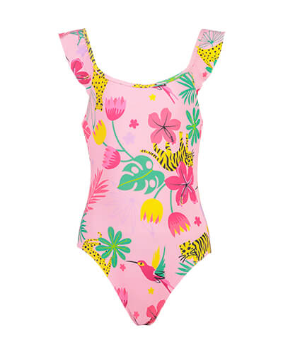 Pink swimsuit with frill sleeves and tropical plants, flowers, parrots, tigers and leopards printed on it