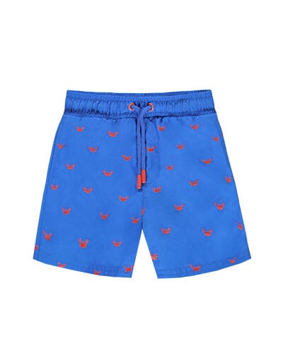 Blue swim shorts with small red crab pattern and blue waist tie with red tips