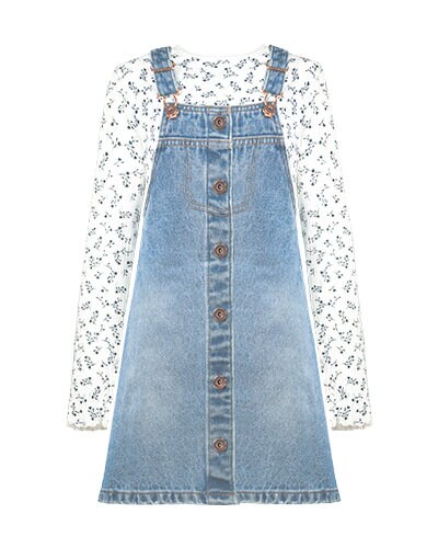 Button-through, blue denim pinafore dress. Comes with long sleeve, white ribbed top with blue floral print
