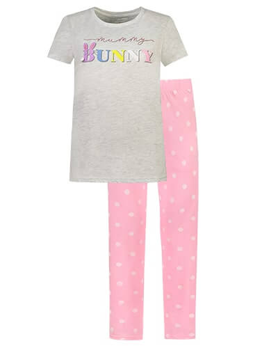 Grey short sleeve PJ top with 'mummy bunny' written across the chest in various pastel colours. Paired with pink PJ bottoms with baby pink polka dot pattern. 