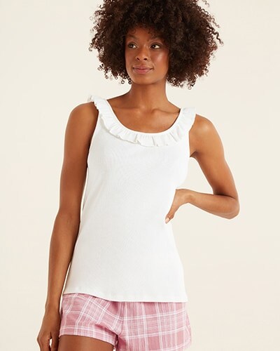 White PJ vest top with frill neck and dark blue and white gingham loose PJ shorts