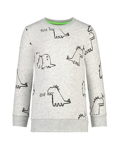 Pale grey sweater with black line drawings of cute dinosaurs and the words hi, roar and grrr