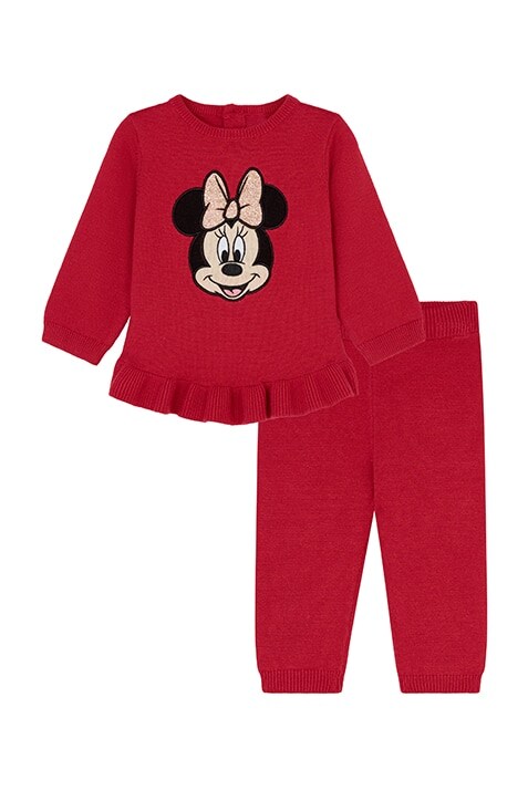  Red, knitted two-piece set with a frilly hem on the jumper and a Minnie image on the chest. Bottoms feature a ribbed waistband and cuffs.