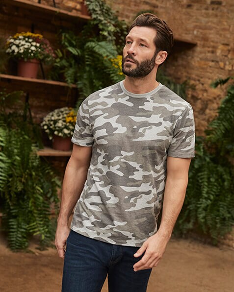Khaki green and grey camouflage print T-shirt