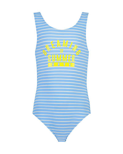 Blue swimsuit with thin white stripes and 'dreaming of summer days' in yellow text across the chest