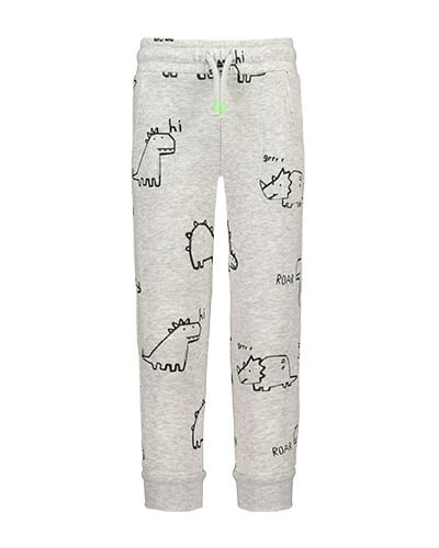 Pale grey joggers with black line drawings of cute dinosaurs and the words hi, roar and grrr