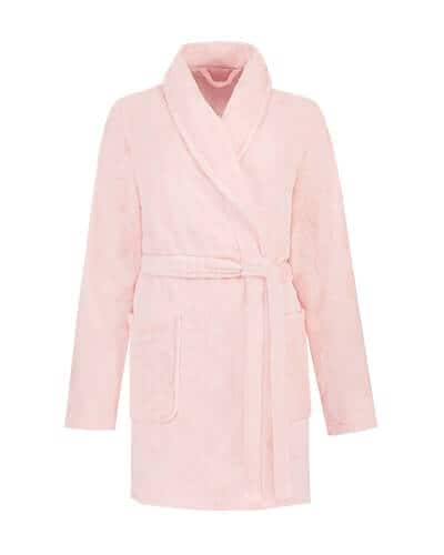 Pink fluffy dressing gown with embossed polka dot pattern