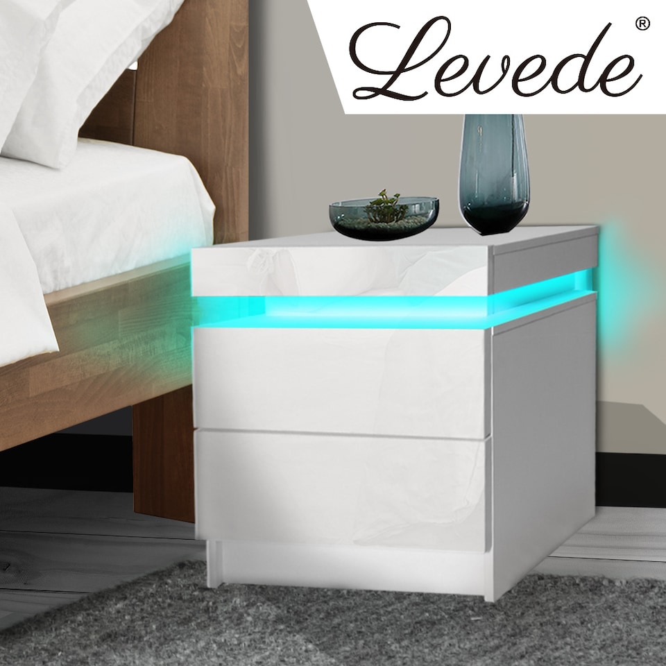 image 1 of Levede 2 Drawer Bedside Table High Gloss RGB LED Nightstand Cabinet | White | White