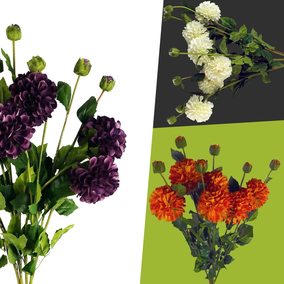 image 1 of Pegdev Pack of 6 Orange Dahlia PomPom Stems 75cm Silk Flowers