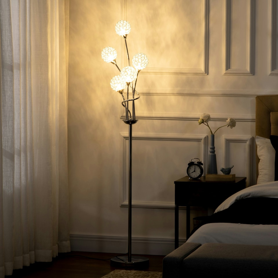 image 1 of HOMCOM Modern Floor Lamp w/ K9 Crystal Shade, 5 Light, for Living Room, Silver