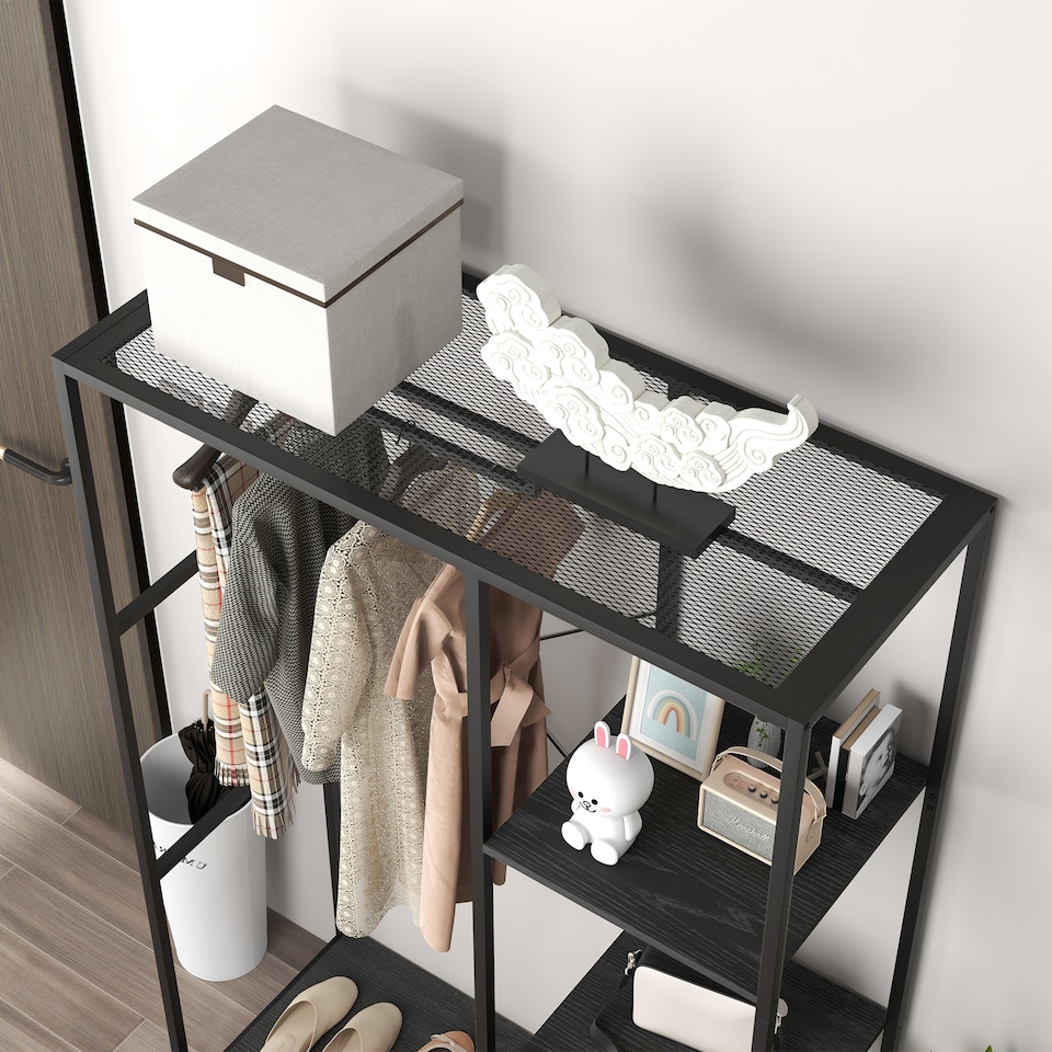 image 1 of HOMCOM Coat Rack with Shoe Storage, 170cm Free Standing Hall Tree with Hanging Rail and Storage Shelves, 2-In-1 Coat Stand for Hallway, Entryway, Bedroom, Black