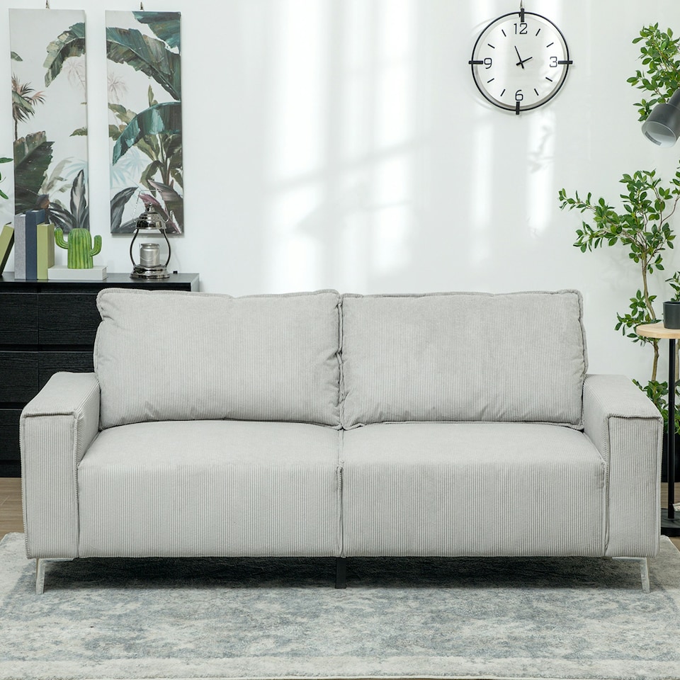 image 1 of HOMCOM 193cm Upholstered Corduroy Settee with Spring Cushion, Light Grey | Multi | Two Seater