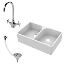 Balterley Fireclay Double Bowl Butler Kitchen Sink - Full Weir with Mono Mixer Tap & Wastes, Ceramic Kitchen Sink & Tap | White | White