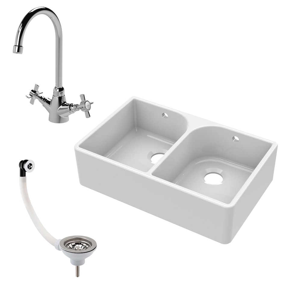 image 1 of Balterley Fireclay Double Bowl Butler Kitchen Sink - Full Weir with Mono Mixer Tap & Wastes, Ceramic Kitchen Sink & Tap | White | White