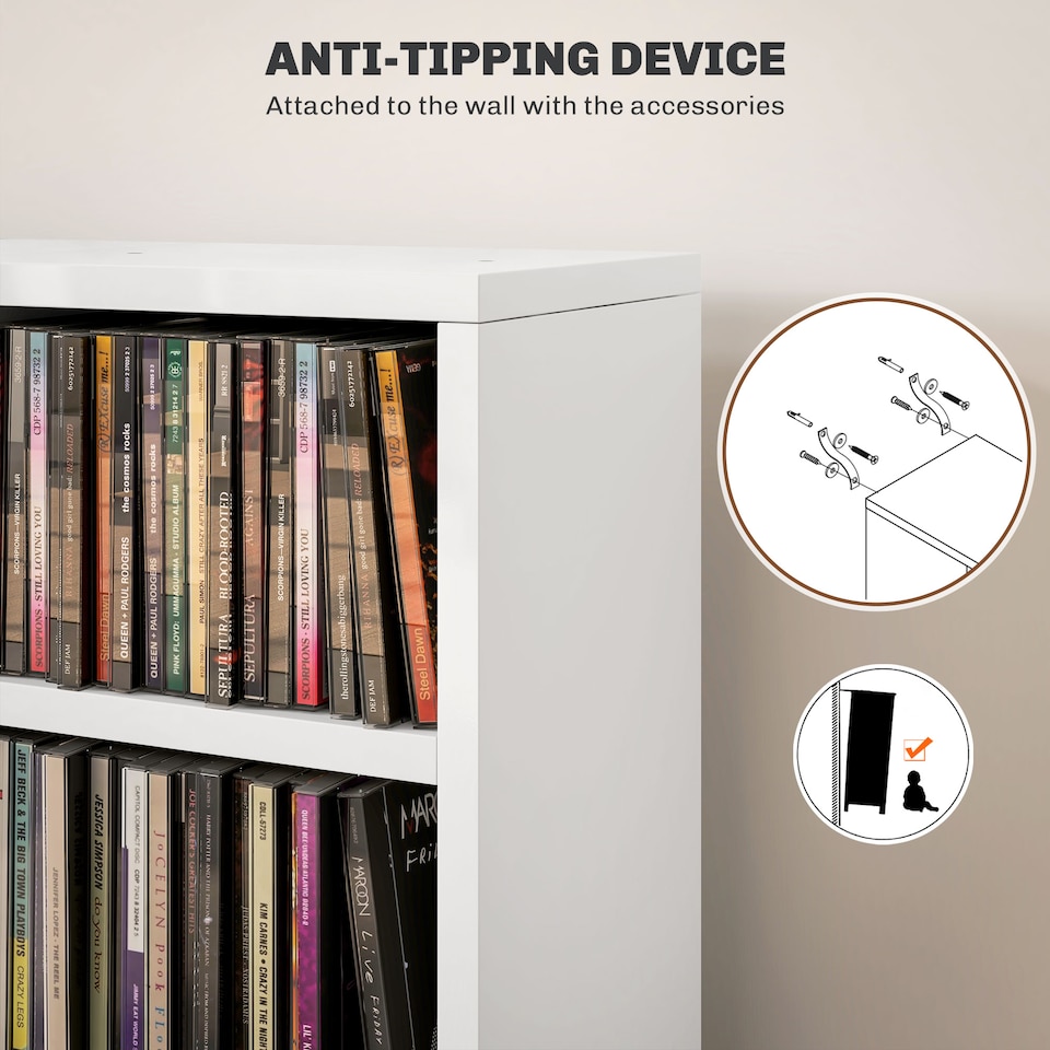 image 1 of HOMCOM 204 CD Media Display Shelf Unit Set of 2 Blu-Ray Tower Rack w  Adjustable Shelves Bookcase Storage Organiser, High Gloss White