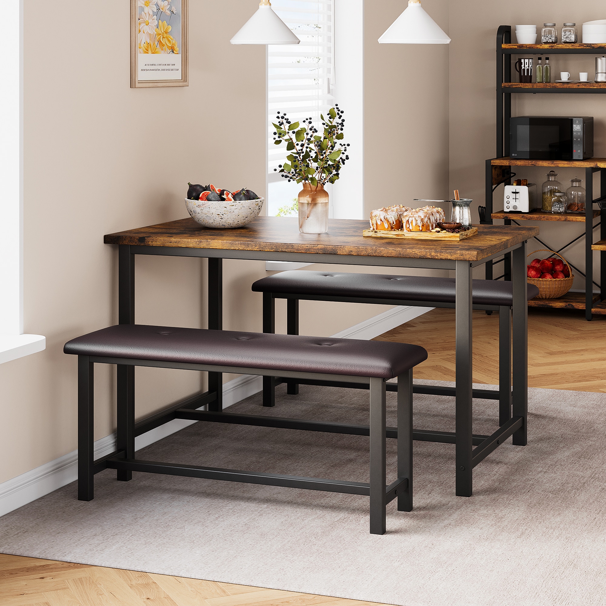 London Boutique Industrial Style MDF Dining Table & 2 Padded Leather Benches Set Rustic Wooden Top Black Metal Frame Space Saving Kitchen Dining Furni