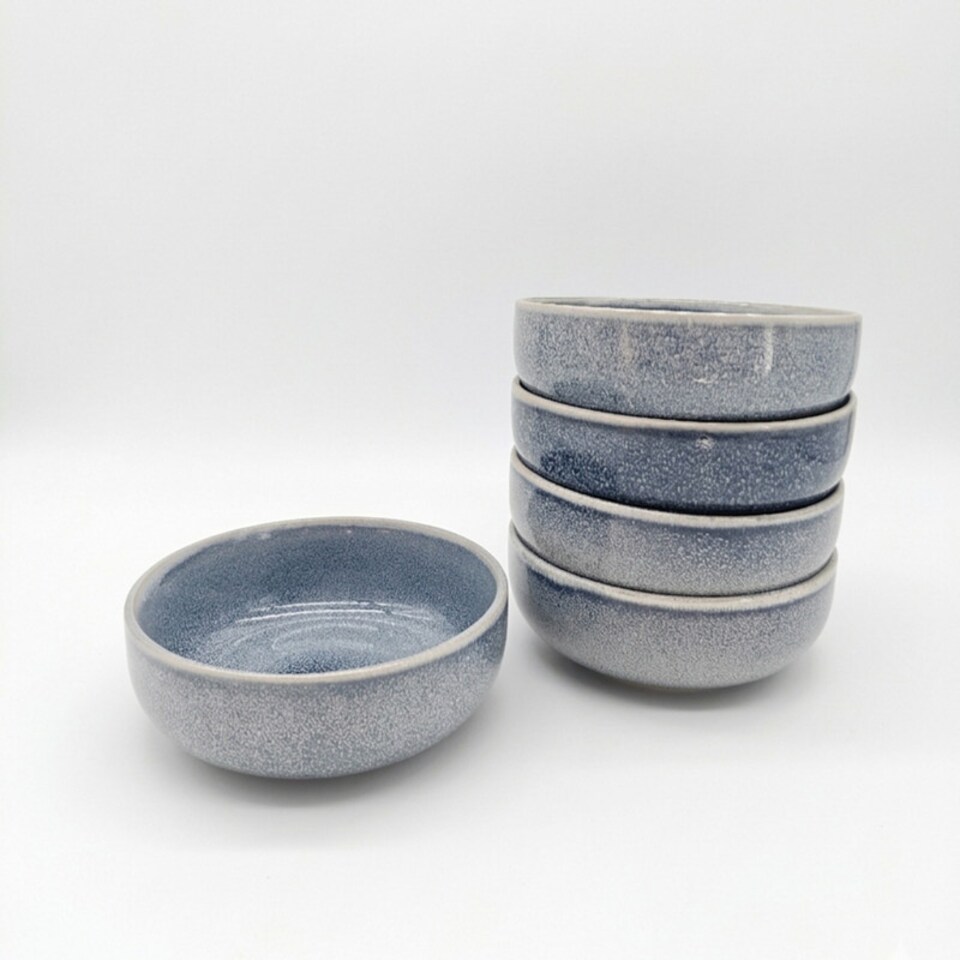 image 1 of Reactive Ash Blue Glaze Dinnerware Cereal Bowl 6pc Set 16cm