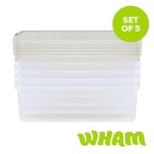 Wham Clip 5x 30L Rectangular Plastic Storage Boxes with Clip Lock Lids. Ideal for Home, Office, Toys & More - Clear/Stone | Cream | Stone | 5