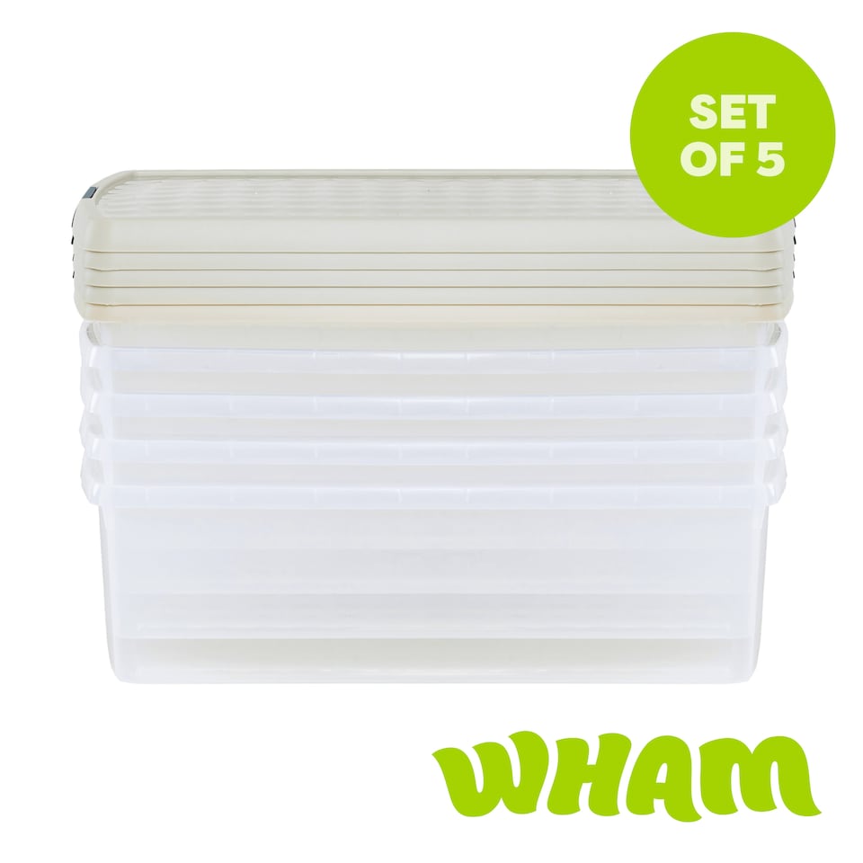 image 1 of Wham Clip 5x 30L Rectangular Plastic Storage Boxes with Clip Lock Lids. Ideal for Home, Office, Toys & More - Clear/Stone | Cream | Stone | 5
