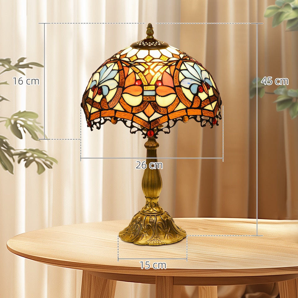 image 1 of HOMCOM Stained Glass Table Lamp, Handcrafted Artisan Collectible, Suitable for Living Room and Bedside, MultiColoured, 26 x 45Hcm, Zinc Alloy.