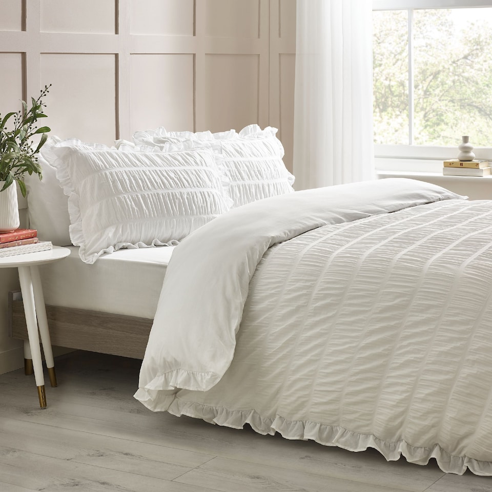 image 1 of Seersucker Frill Duvet Cover Set | White