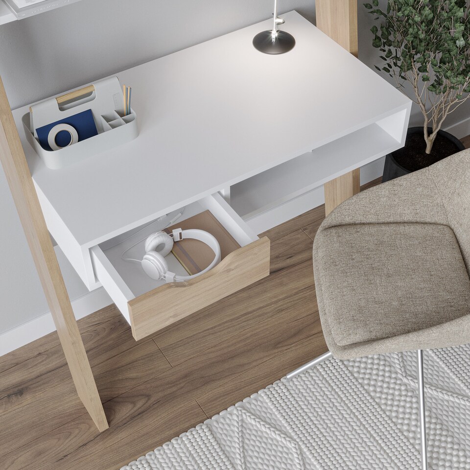 image 1 of White & Oak Ladder Desk with Drawer