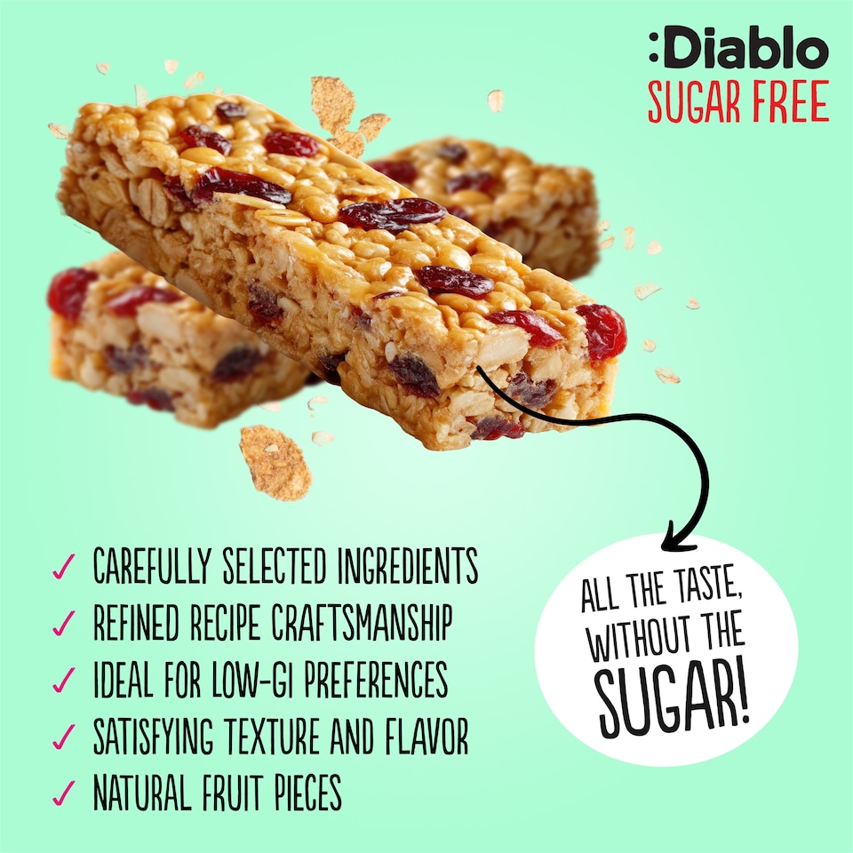 image 1 of Diablo No Added Sugar Cranberry and Raspberry Muesli Bar 30g 4 Pack