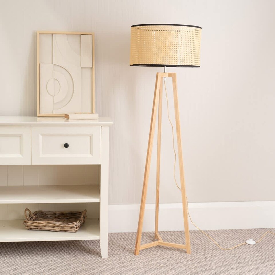 image 1 of ValueLights Lottie Natural Wood Tripod Floor Lamp Wicker Shade and Bulb