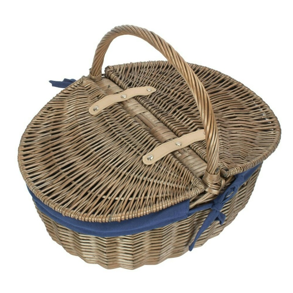 image 1 of Antique Wash Finish Oval Lined Picnic Basket Blue | Navy Blue | One Size