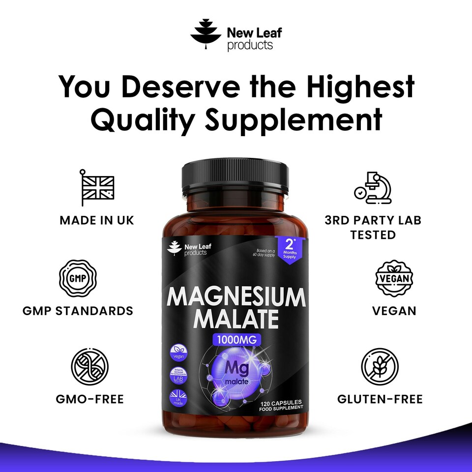 image 1 of Magnesium Malate Capsules - Bones & Joints, Sleep & Relaxation Support - Vegan 120 Capsules