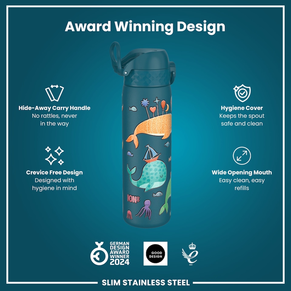 image 1 of Leak Proof Slim Water Bottle, Stainless Steel, 600ml (20oz) | Blue | Whales | One Size