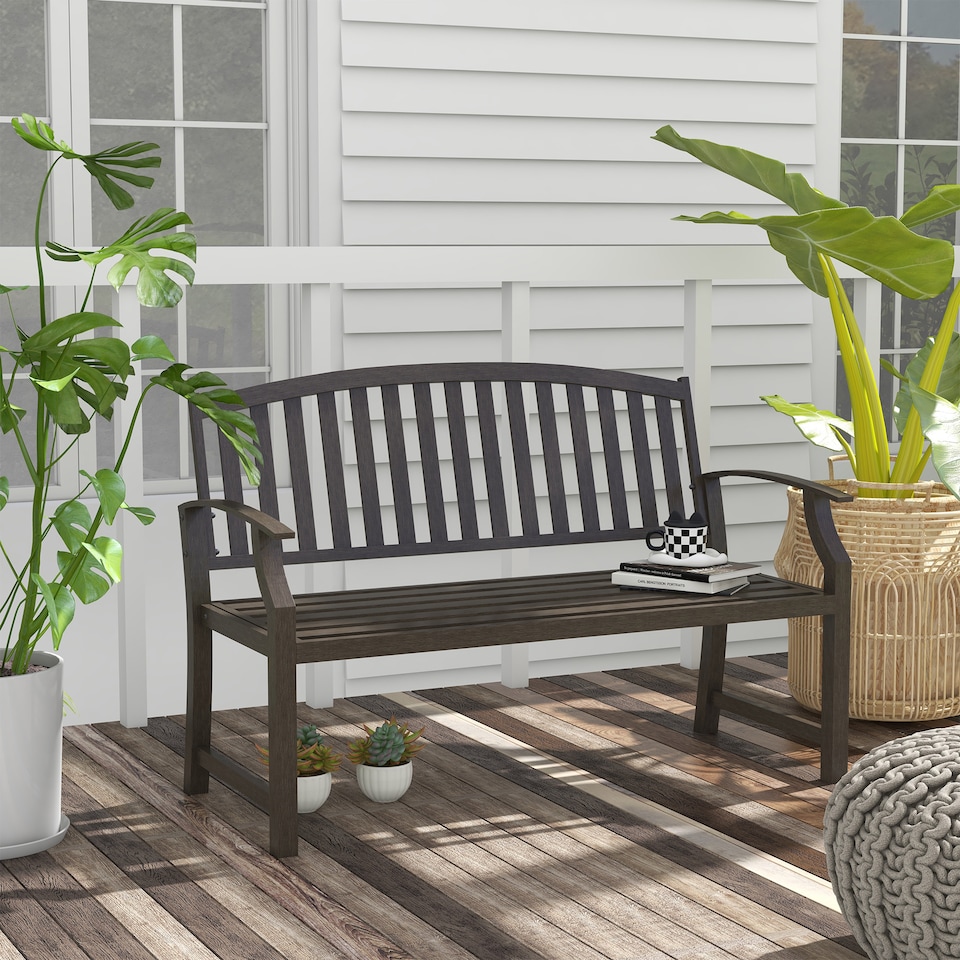image 1 of Outsunny Garden Bench, Outdoor Metal Bench with Slatted Seat and Backrest, Curved Armrest, for Conservatory, Garden, Poolside, Deck, Brown