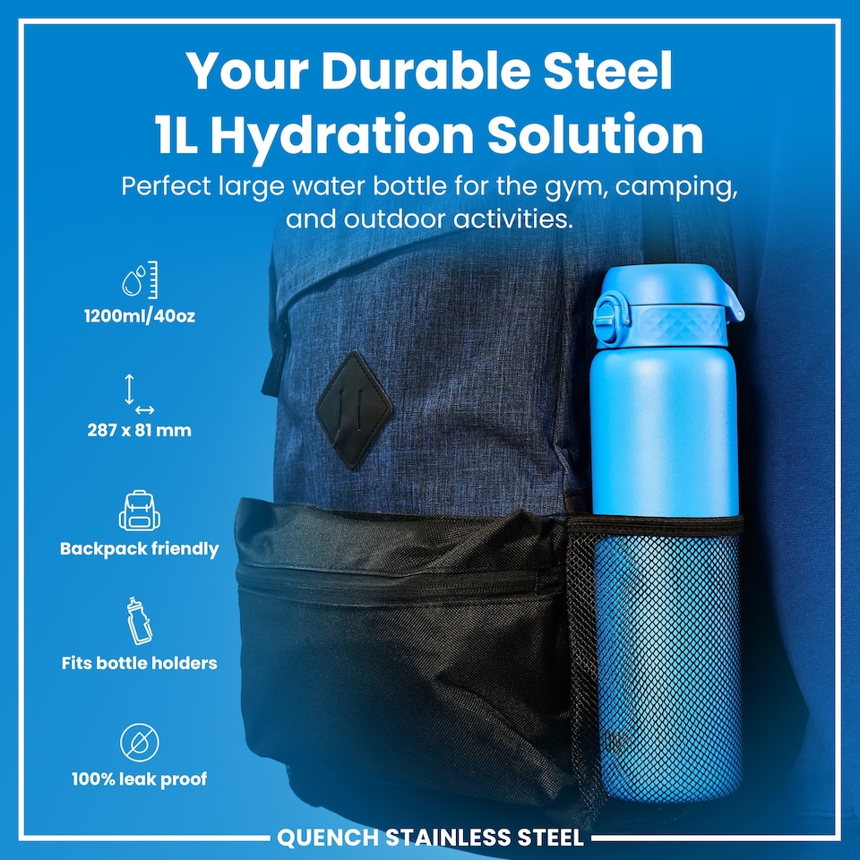 image 1 of Leak Proof 1 Litre Water Bottle, Stainless Steel, 1200ml (40oz) | Blue | Blue | One Size