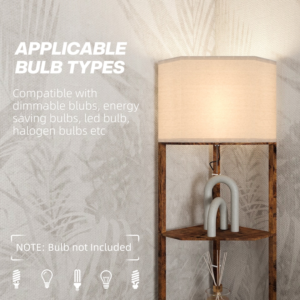 image 1 of HOMCOM Corner Floor Lamp with Shelves, Modern Tall Standing Lamp with Chain Switch for Living Room, Bedroom, Bulb Not Included, Rustic Brown