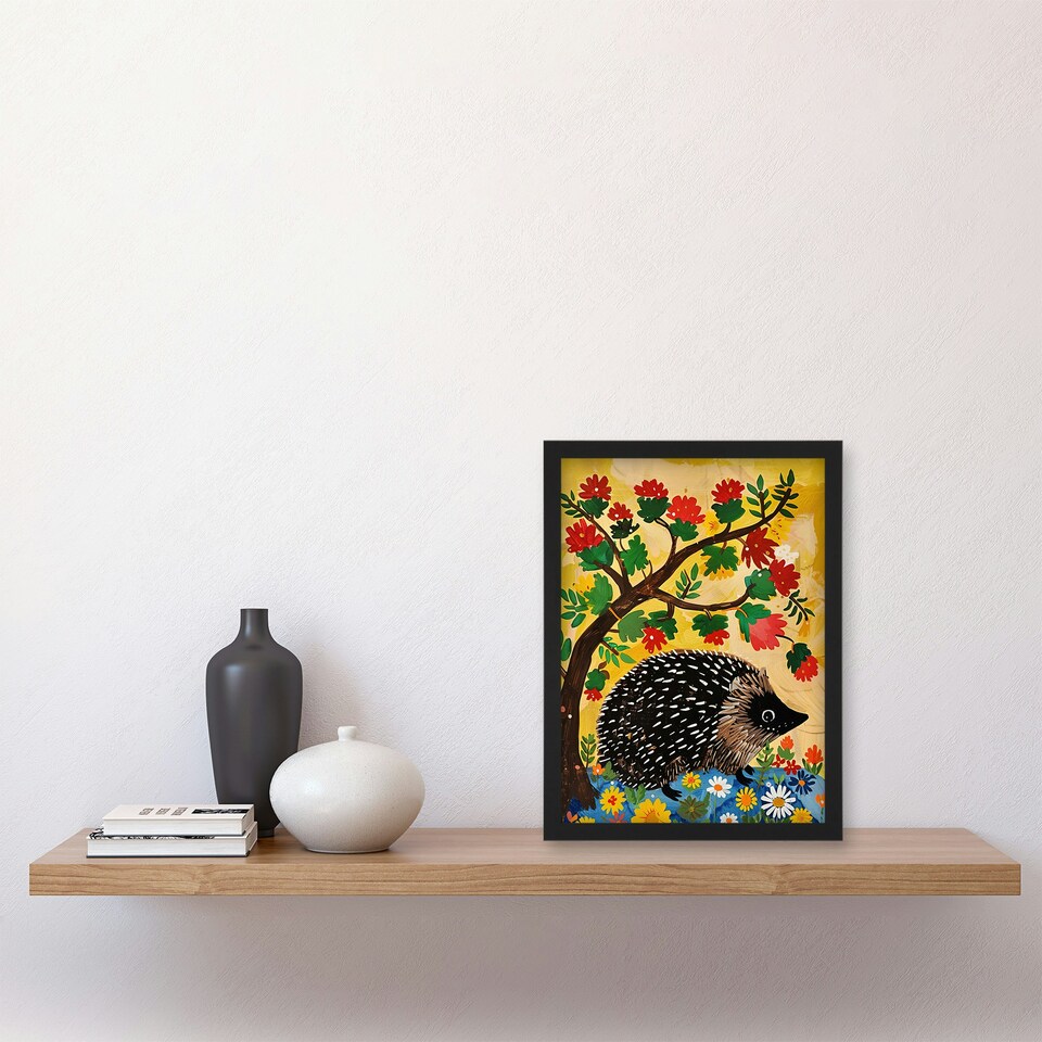 image 1 of Charming Hedgehog Under Tree Flowers Folk Art Kids Black Framed Wall Art Print A4
