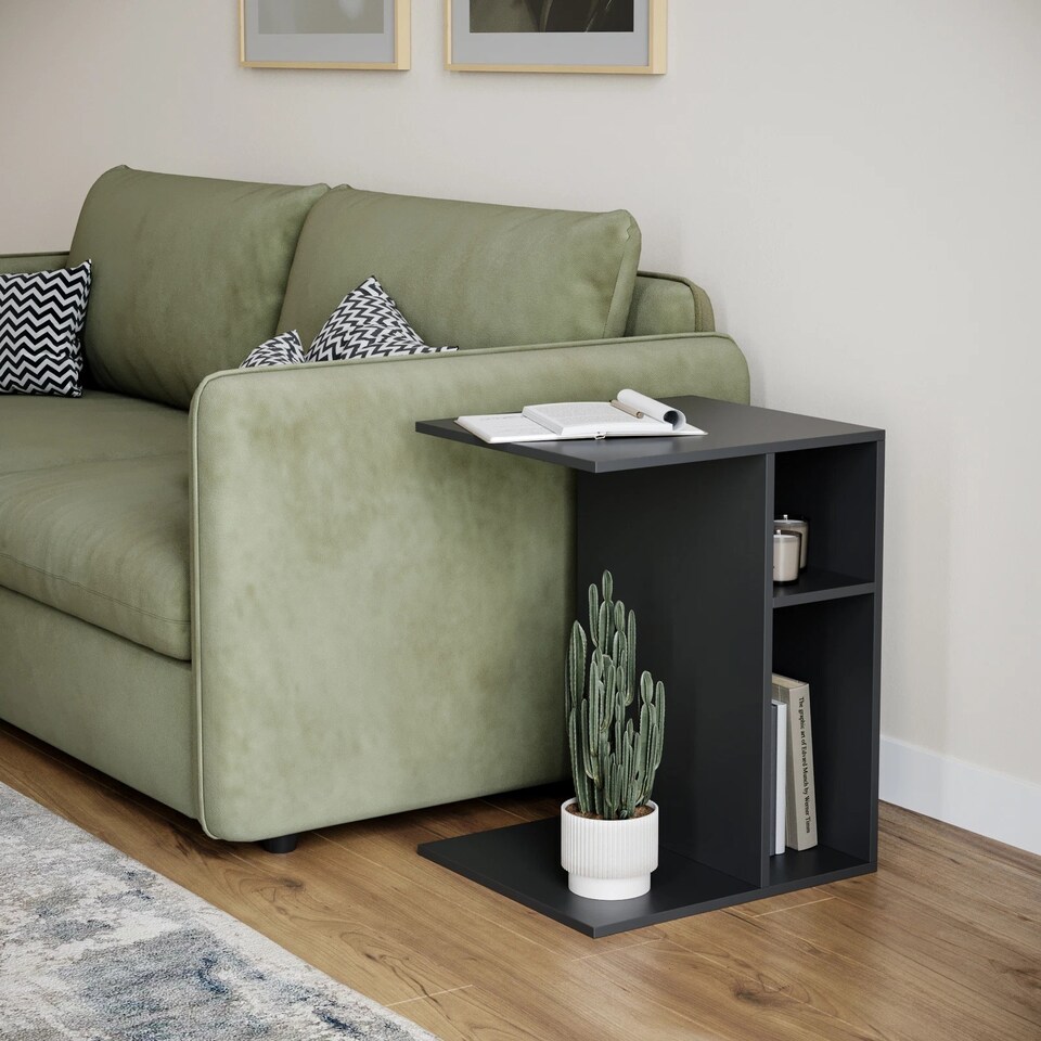 image 1 of C-Shape Side Wooden Table End Coffee Bedside Nightstand Laptop Snack Living Room | Multi | Black